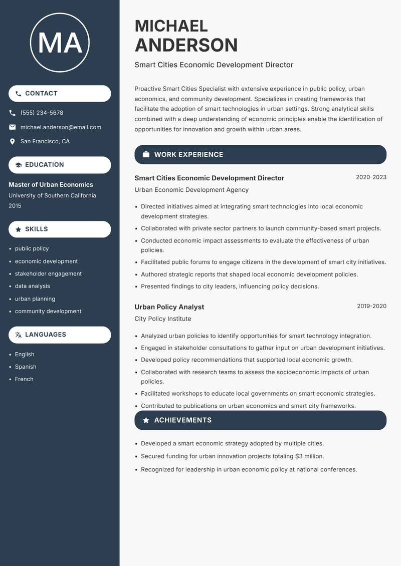 Smart Cities Specialist resume sample — Smart Cities Economic Development Director focus