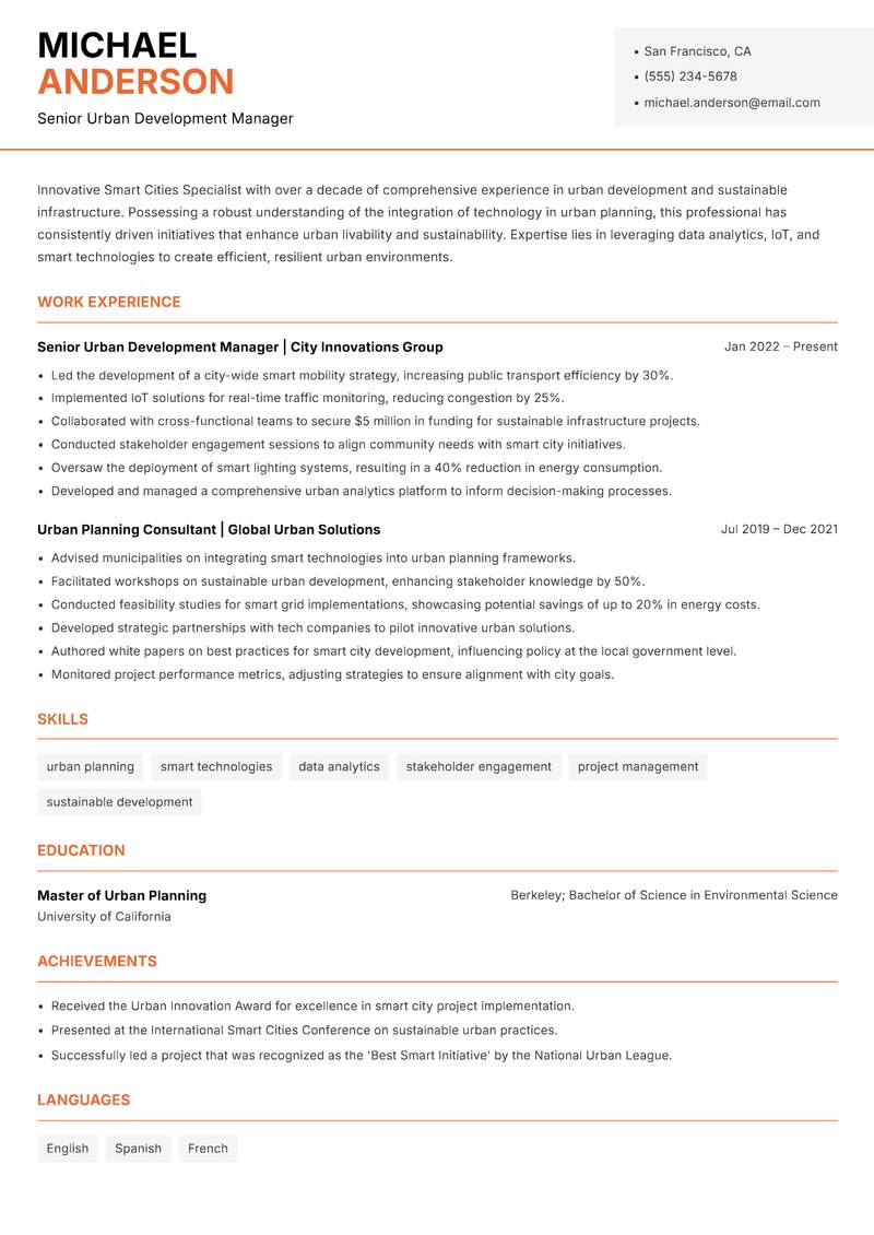 Smart Cities Specialist resume sample — Senior Urban Development Manager focus