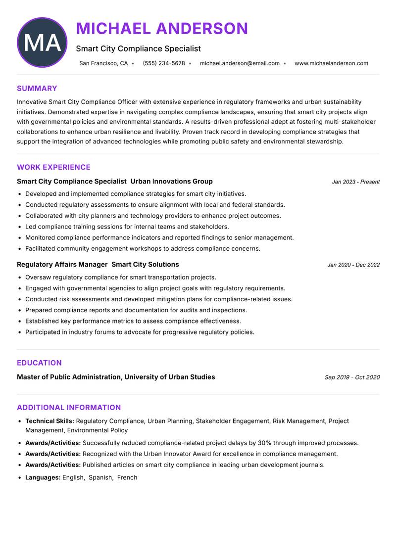 Smart City Compliance Officer resume example