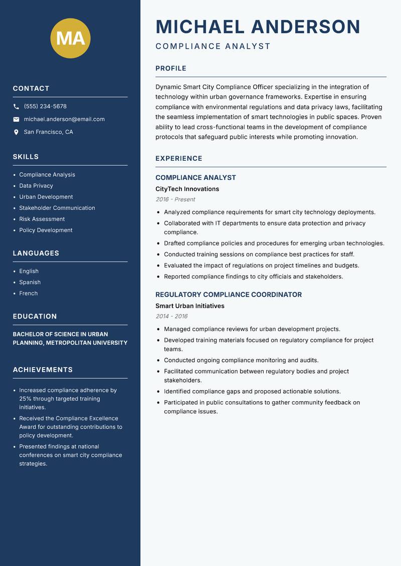Smart City Compliance Officer resume sample — Compliance Analyst focus