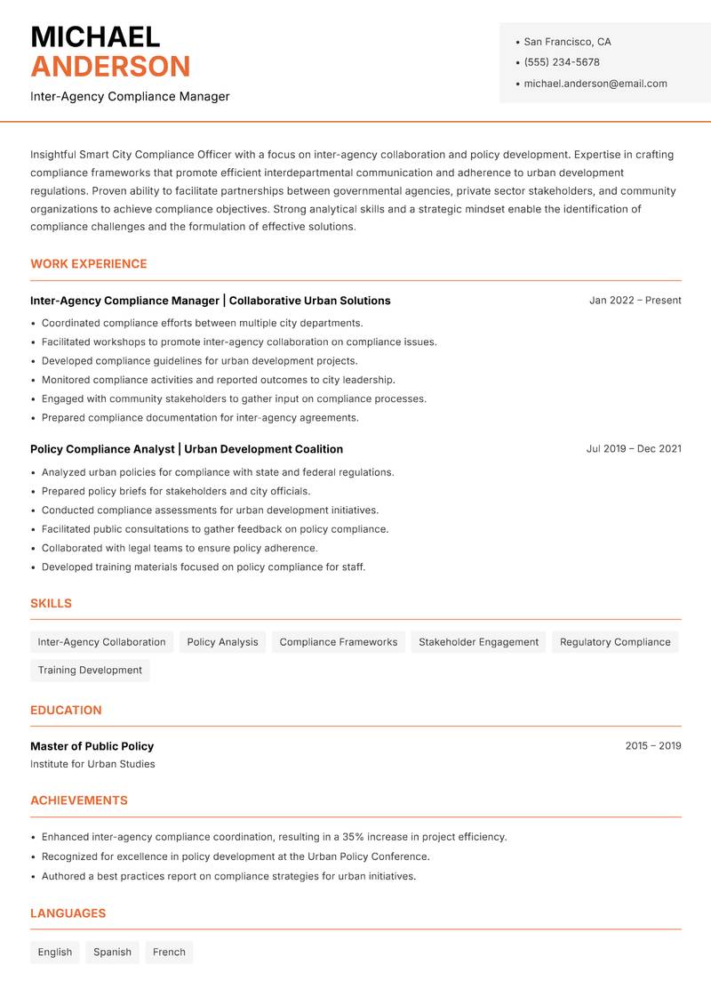 Smart City Compliance Officer resume sample — Inter-Agency Compliance Manager focus