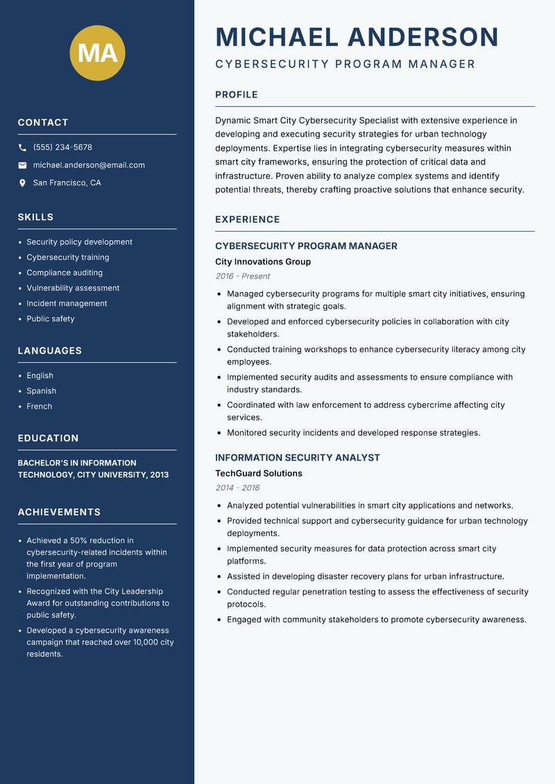 Smart City Cybersecurity Specialist resume sample — Cybersecurity Program Manager focus