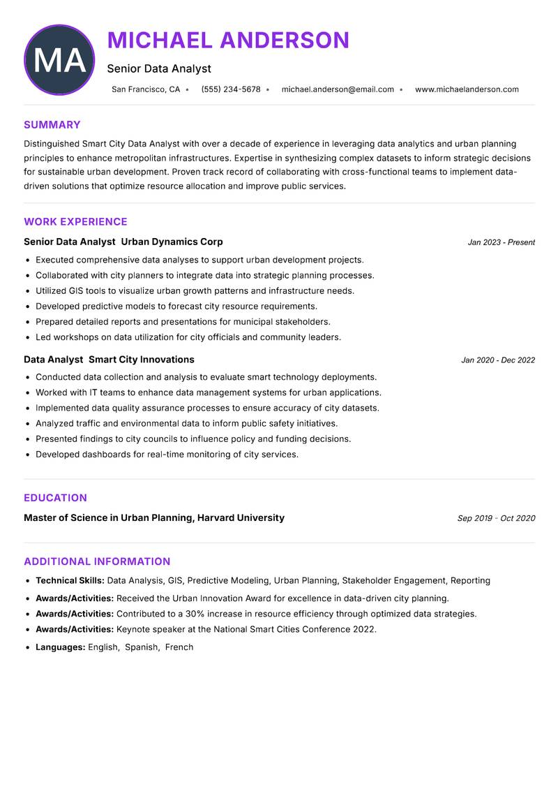 Smart City Data Analyst resume example