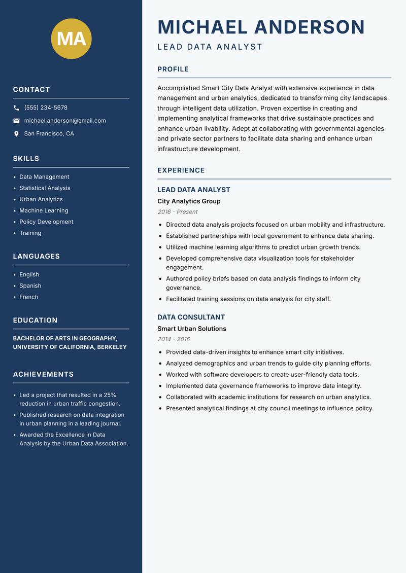 Smart City Data Analyst resume sample — Lead Data Analyst focus