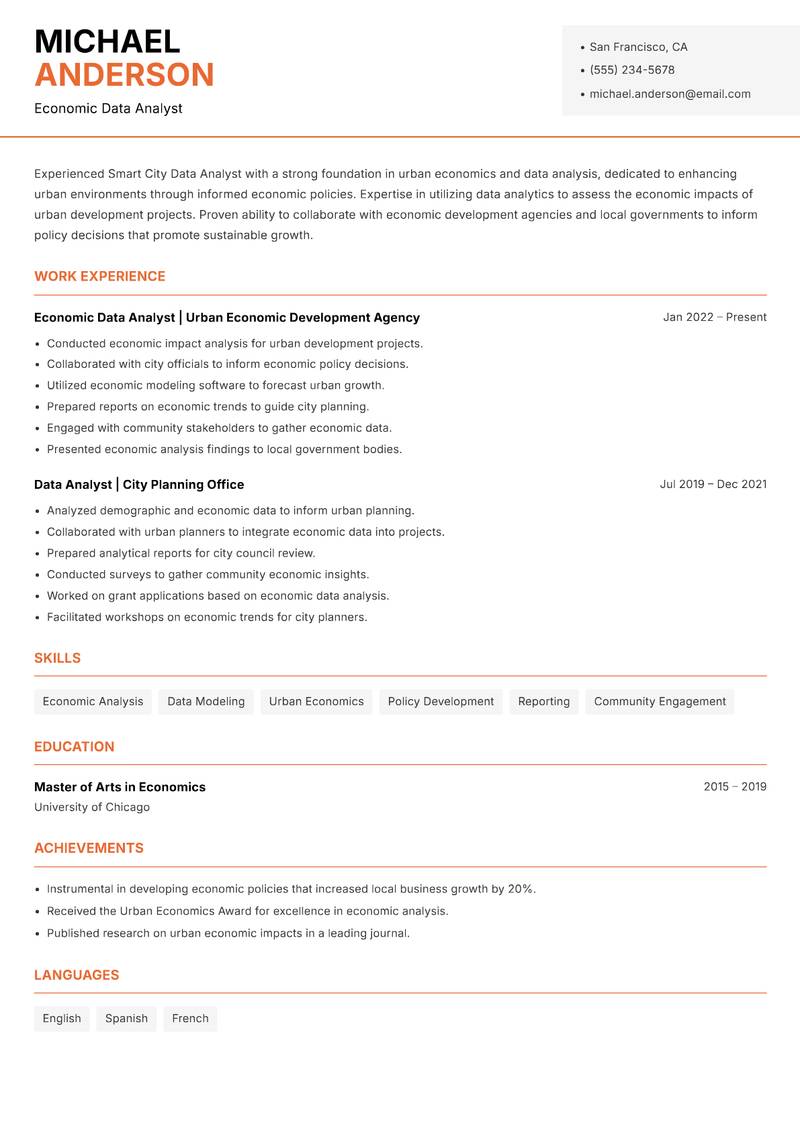 Smart City Data Analyst resume sample — Economic Data Analyst focus
