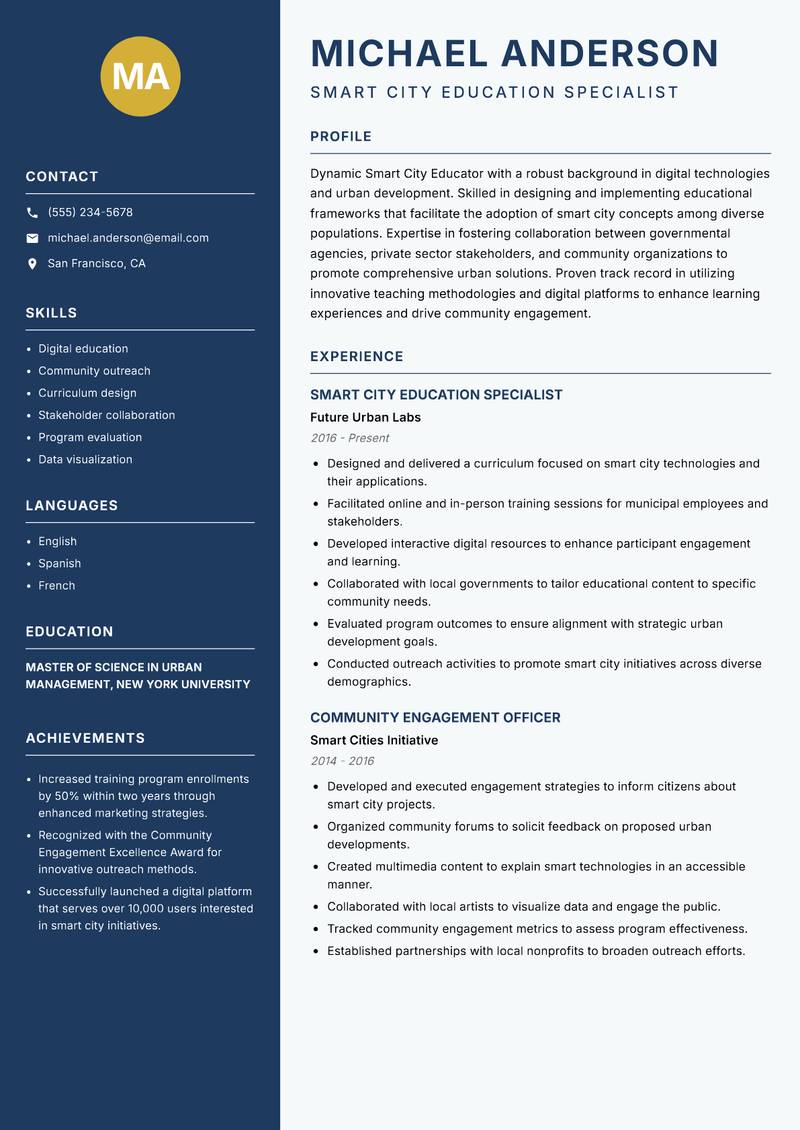 Smart City Educator resume sample — Smart City Education Specialist focus