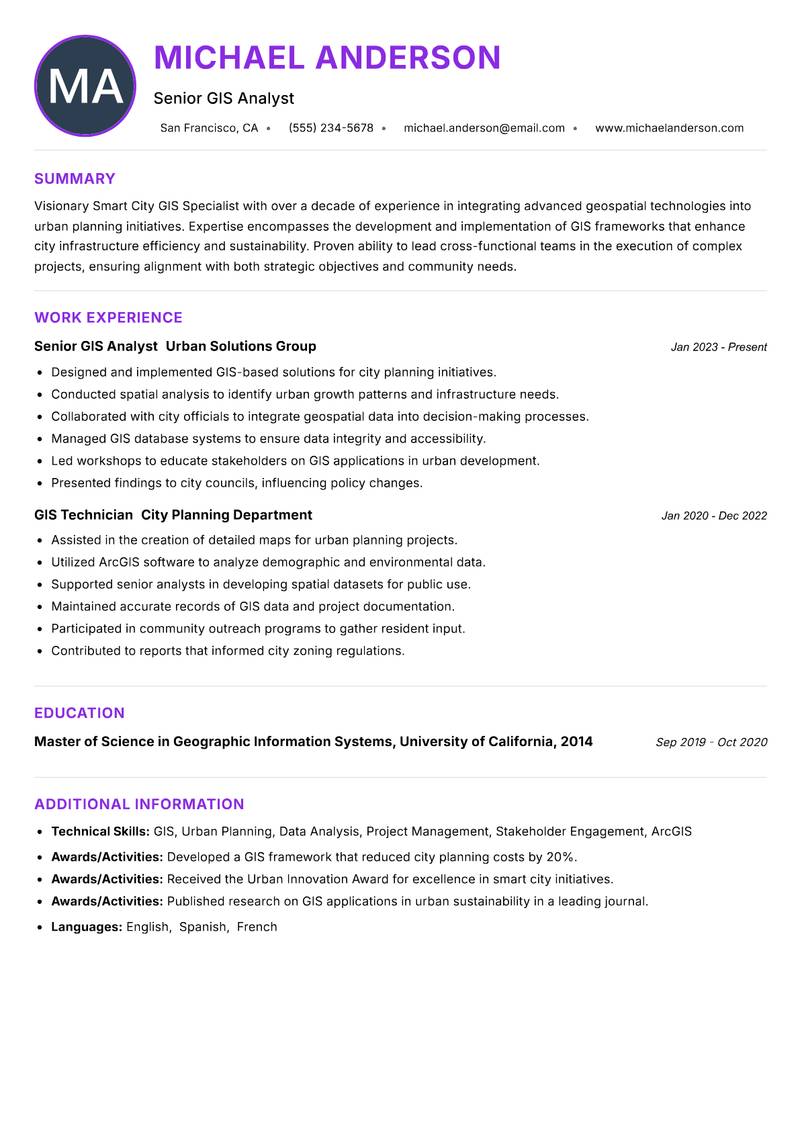 Smart City GIS Specialist resume example