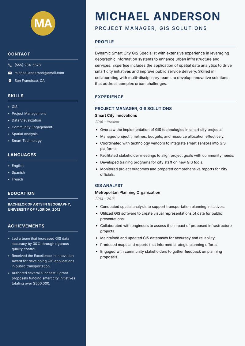 Smart City GIS Specialist resume sample — Project Manager, GIS Solutions focus
