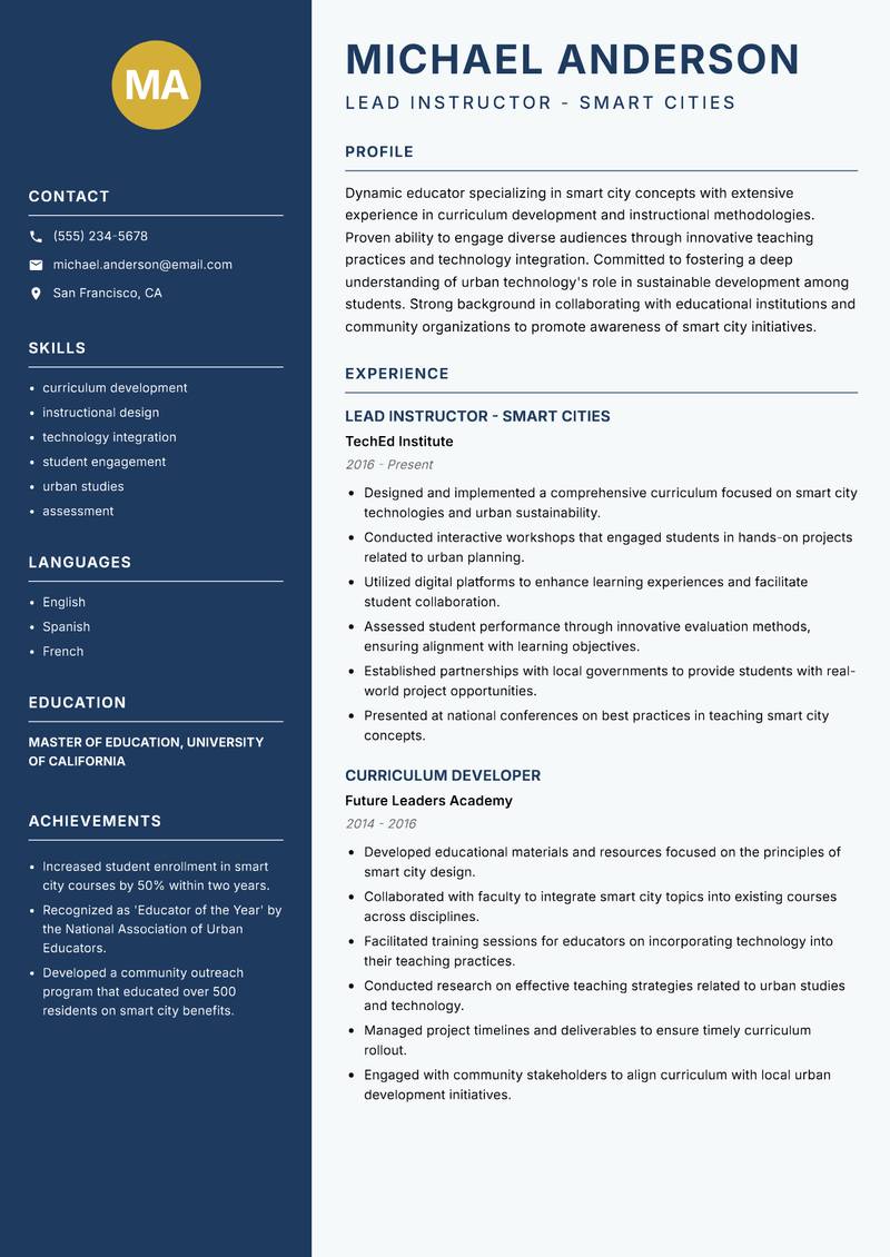 Smart City Instructor resume sample — Lead Instructor - Smart Cities focus