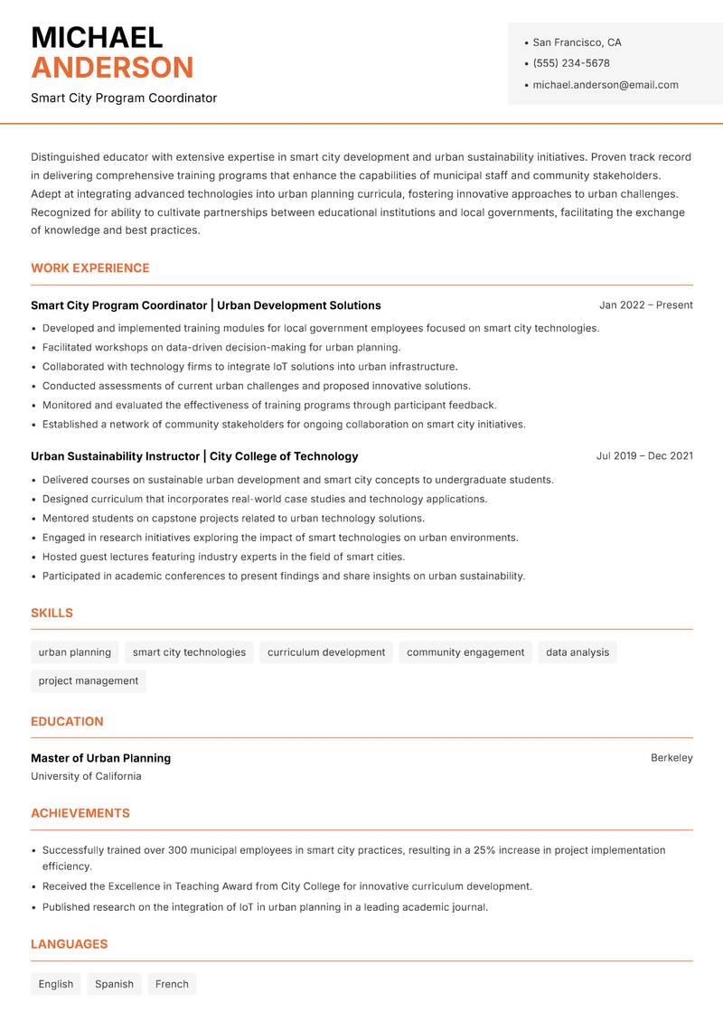 Smart City Instructor resume sample — Smart City Program Coordinator focus