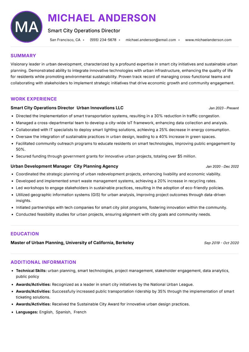 Smart City Manager resume example