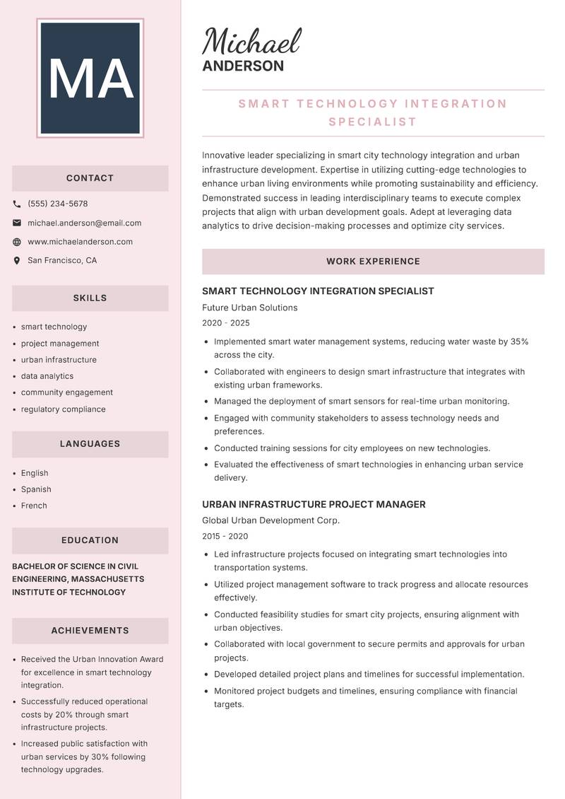Smart City Manager resume sample — Smart Technology Integration Specialist focus