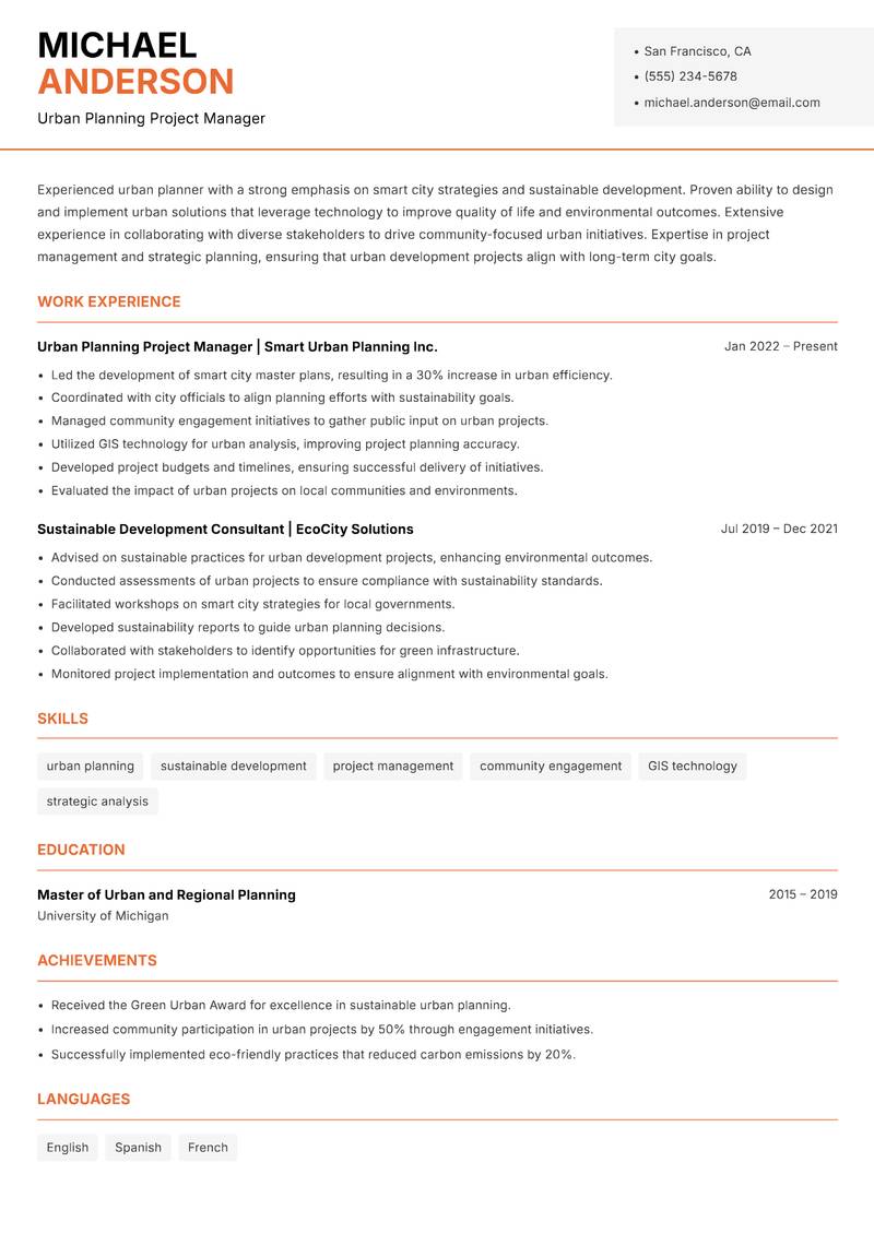 Smart City Manager resume sample — Urban Planning Project Manager focus