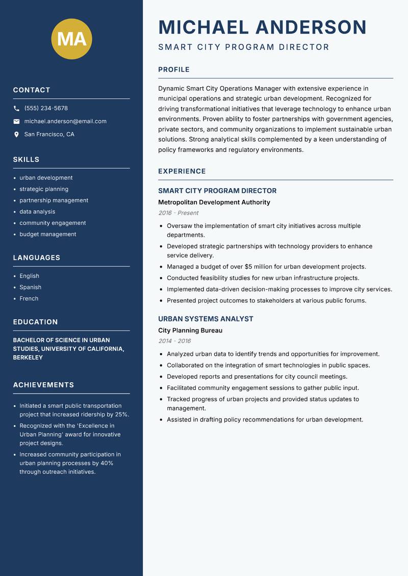 Smart City Operations Manager resume sample — Smart City Program Director focus