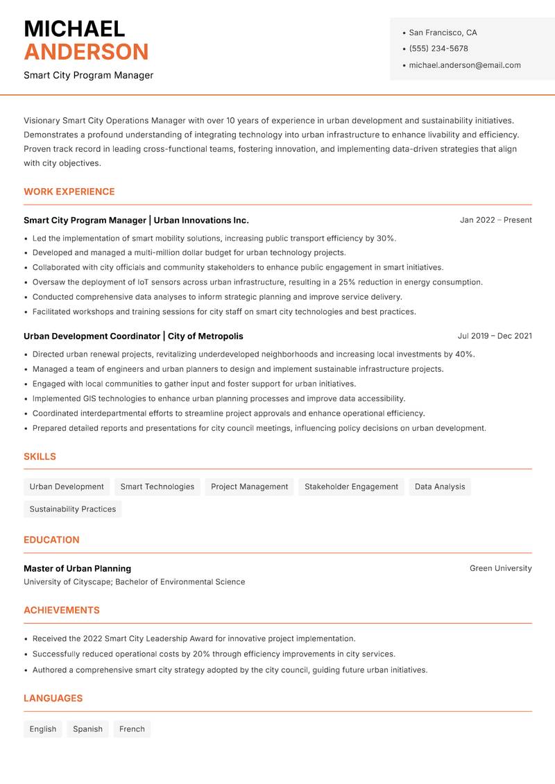 Smart City Operations Manager resume sample — Smart City Program Manager focus