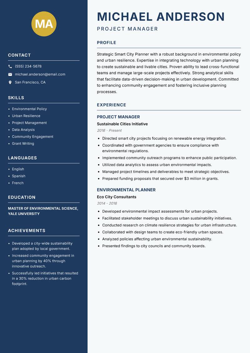 Smart City Planner resume sample — Project Manager focus
