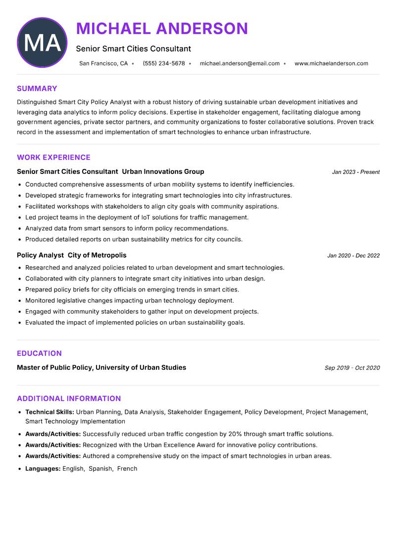 Smart City Policy Analyst resume example