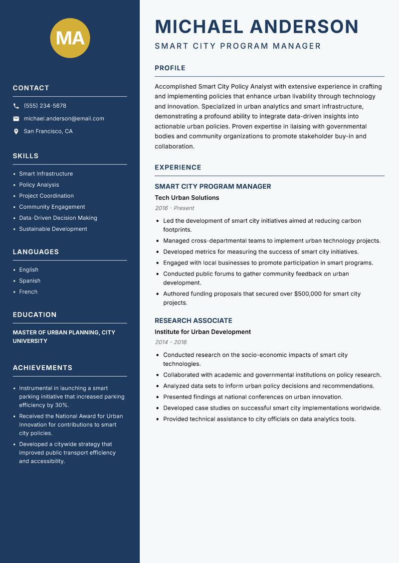 Smart City Policy Analyst resume sample — Smart City Program Manager focus