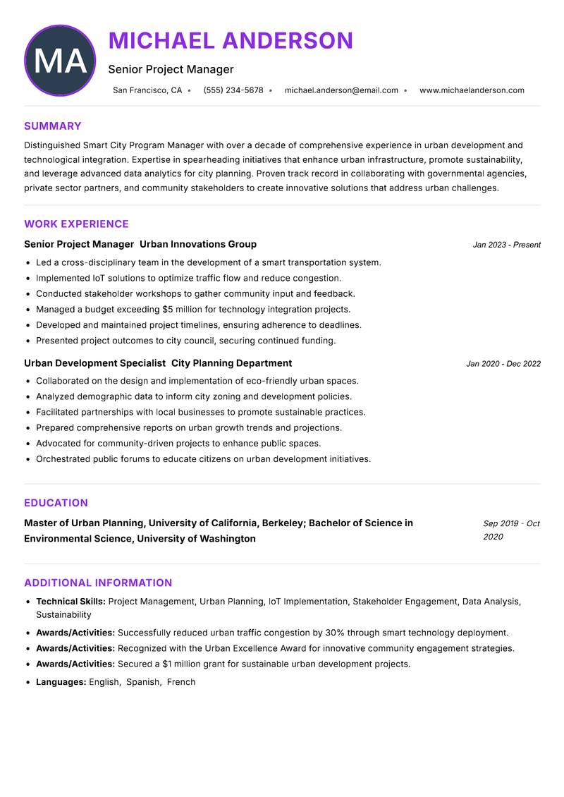 Smart City Program Manager resume example