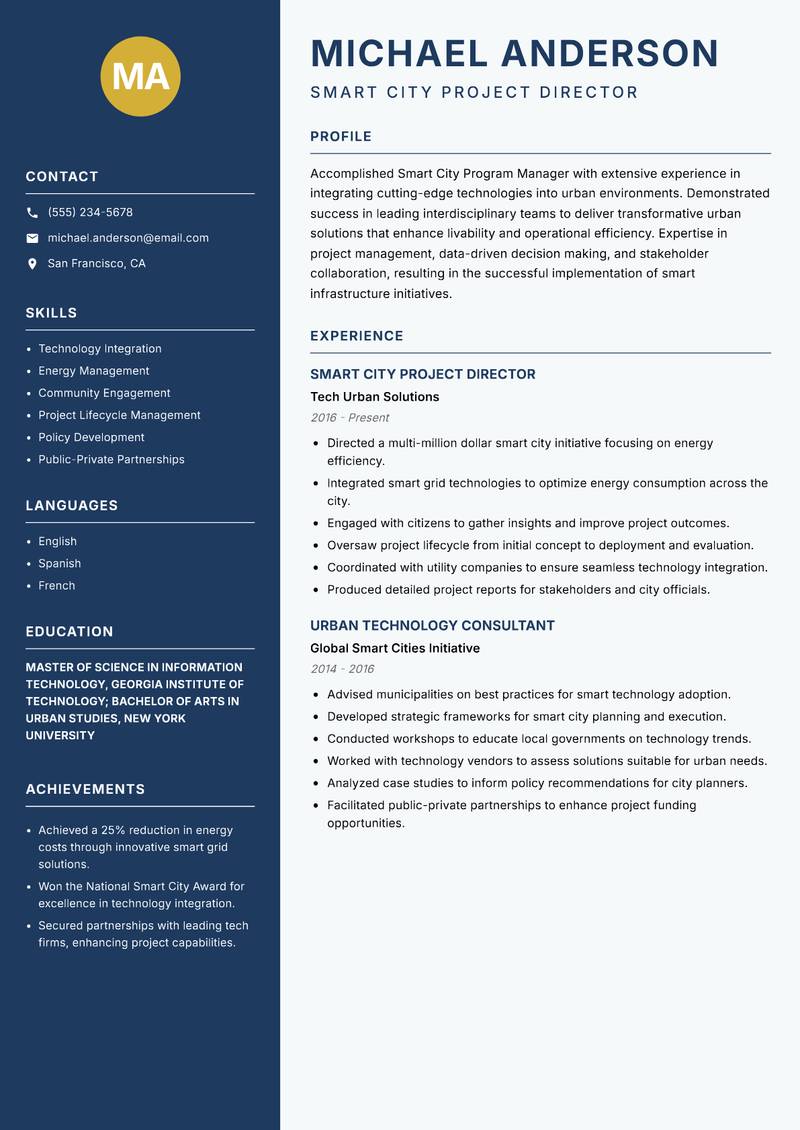 Smart City Program Manager resume sample — Smart City Project Director focus
