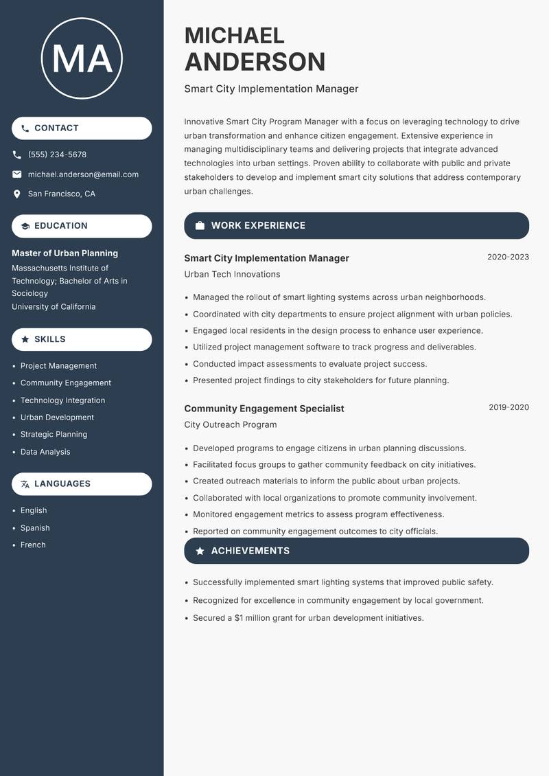 Smart City Program Manager resume sample — Smart City Implementation Manager focus