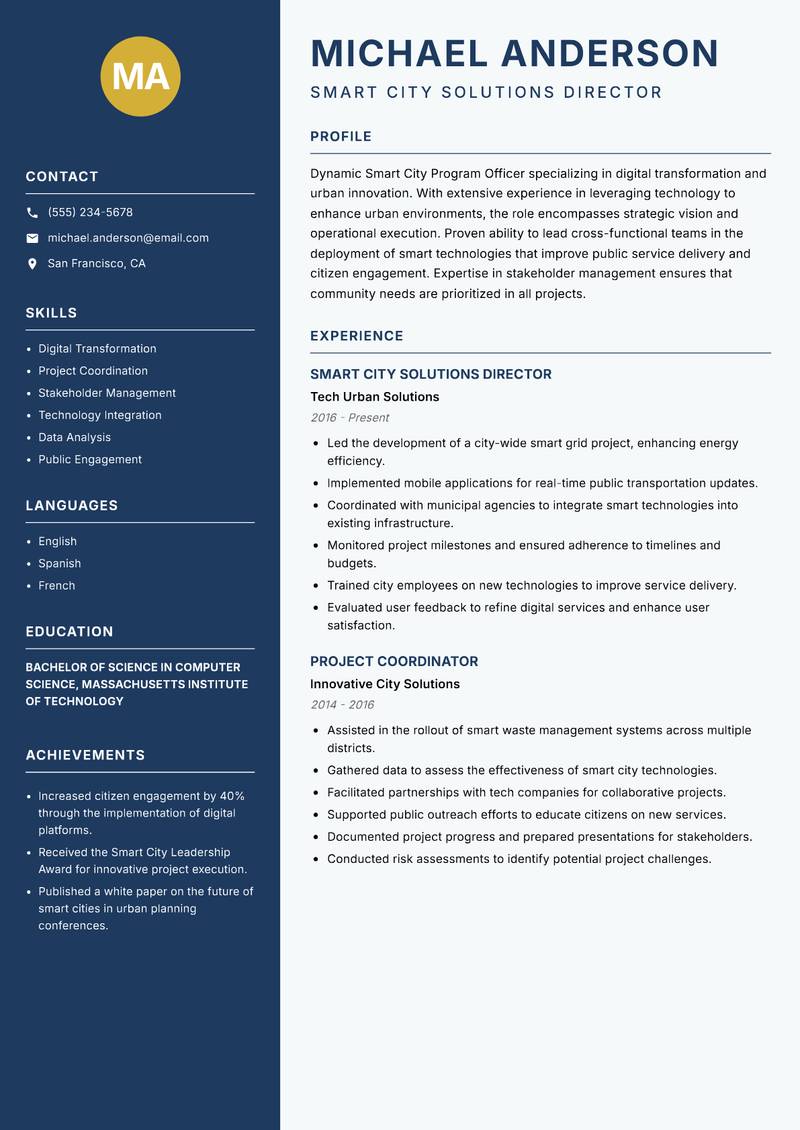 Smart City Program Officer resume sample — Smart City Solutions Director focus