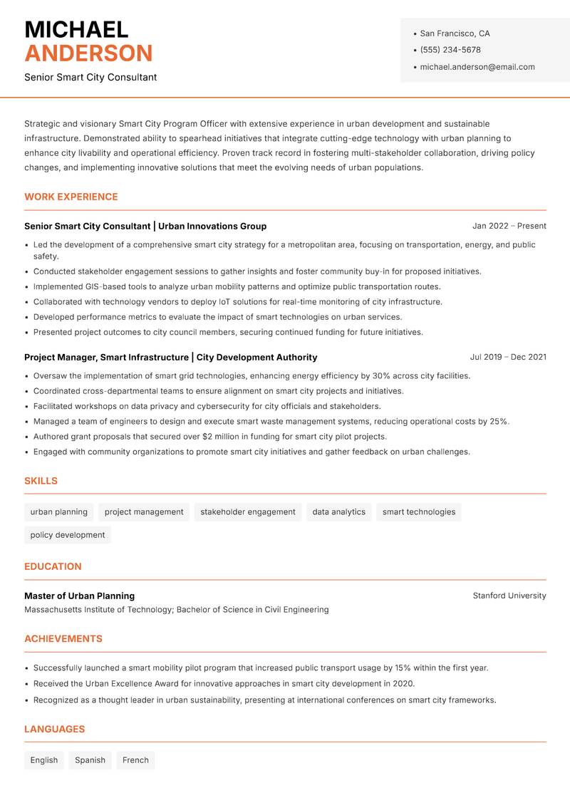 Smart City Program Officer resume sample — Senior Smart City Consultant focus