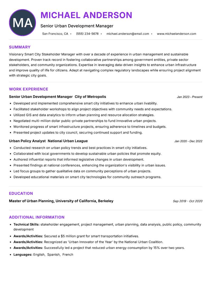 Smart City Stakeholder Manager resume example