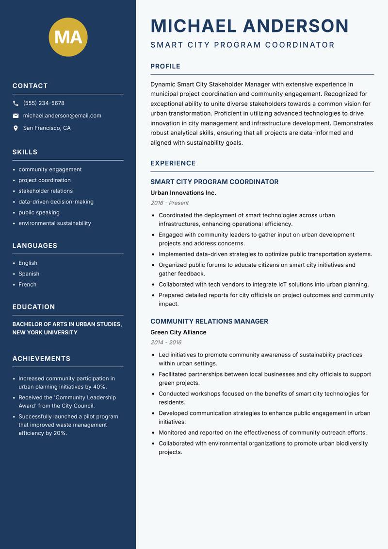 Smart City Stakeholder Manager resume sample — Smart City Program Coordinator focus