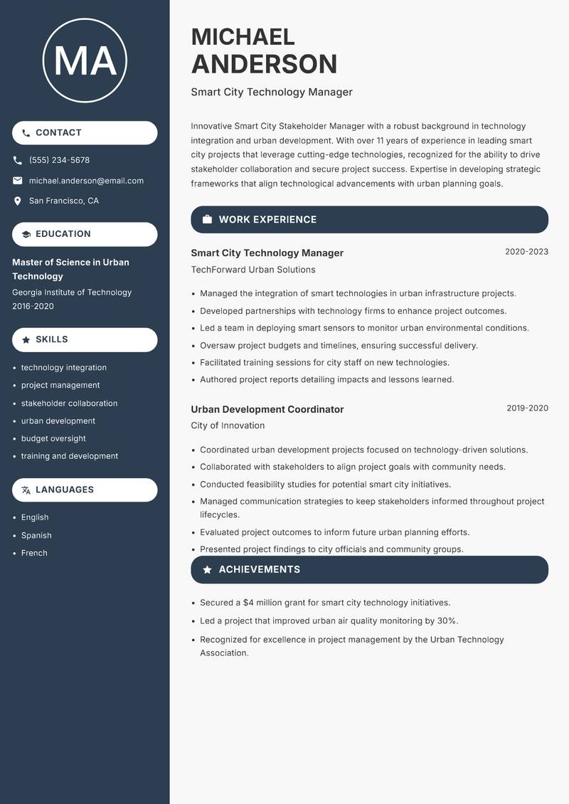 Smart City Stakeholder Manager resume sample — Smart City Technology Manager focus