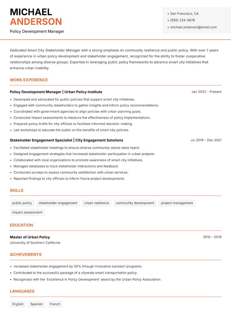Smart City Stakeholder Manager resume sample — Policy Development Manager focus