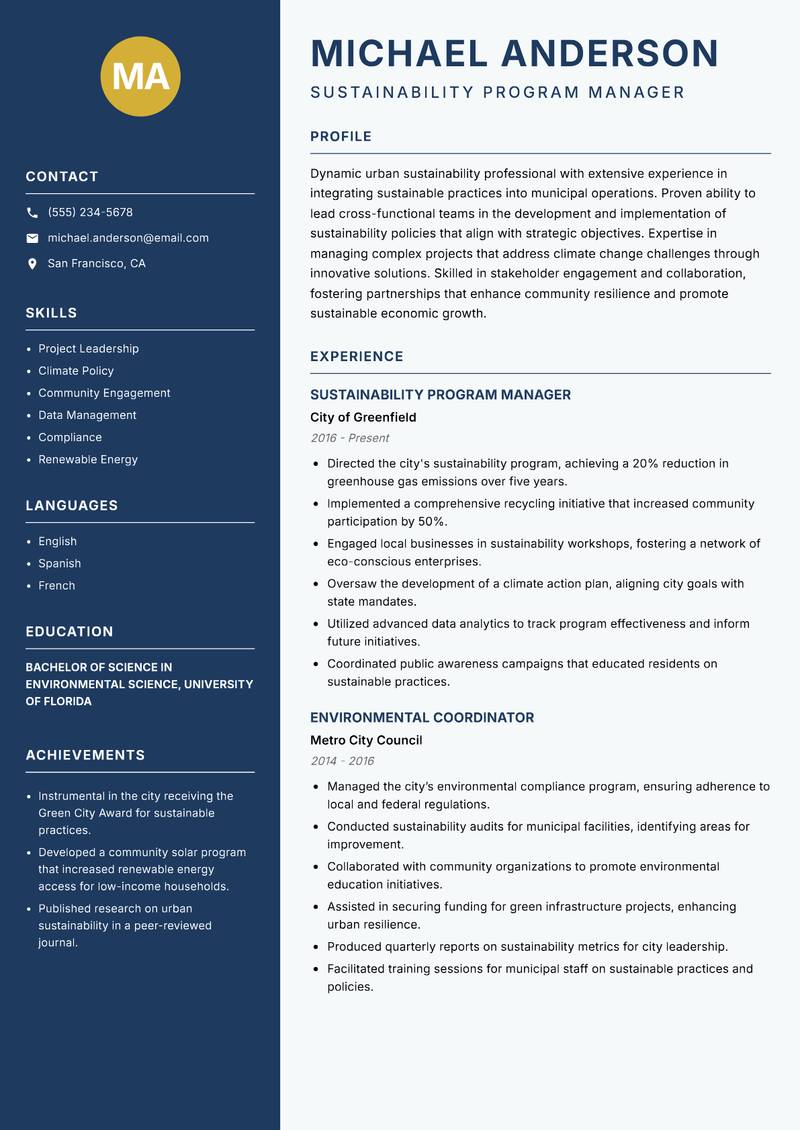 Smart City Sustainability Manager resume sample — Sustainability Program Manager focus