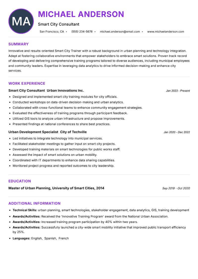 Smart City Trainer resume example