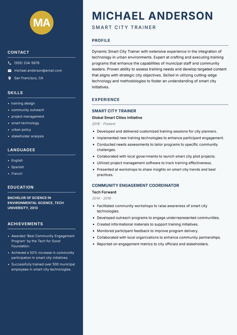 Smart City Trainer resume sample — Smart City Trainer focus
