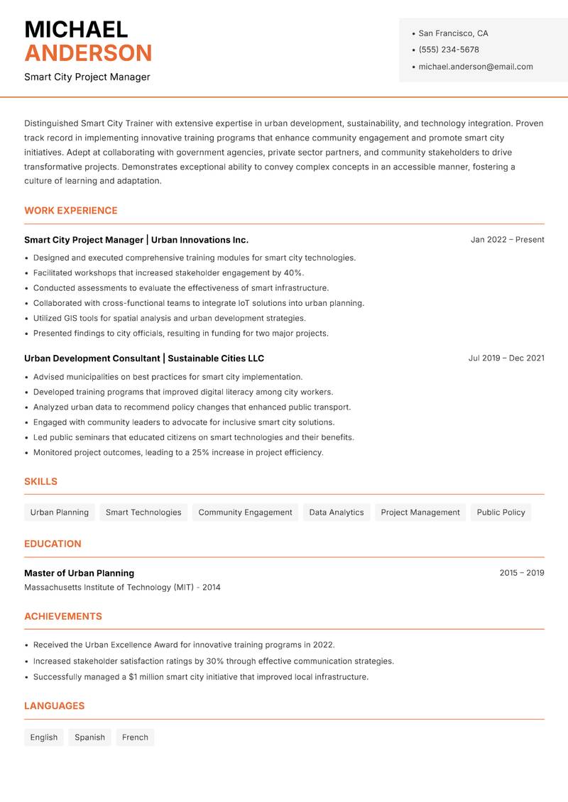 Smart City Trainer resume sample — Smart City Project Manager focus