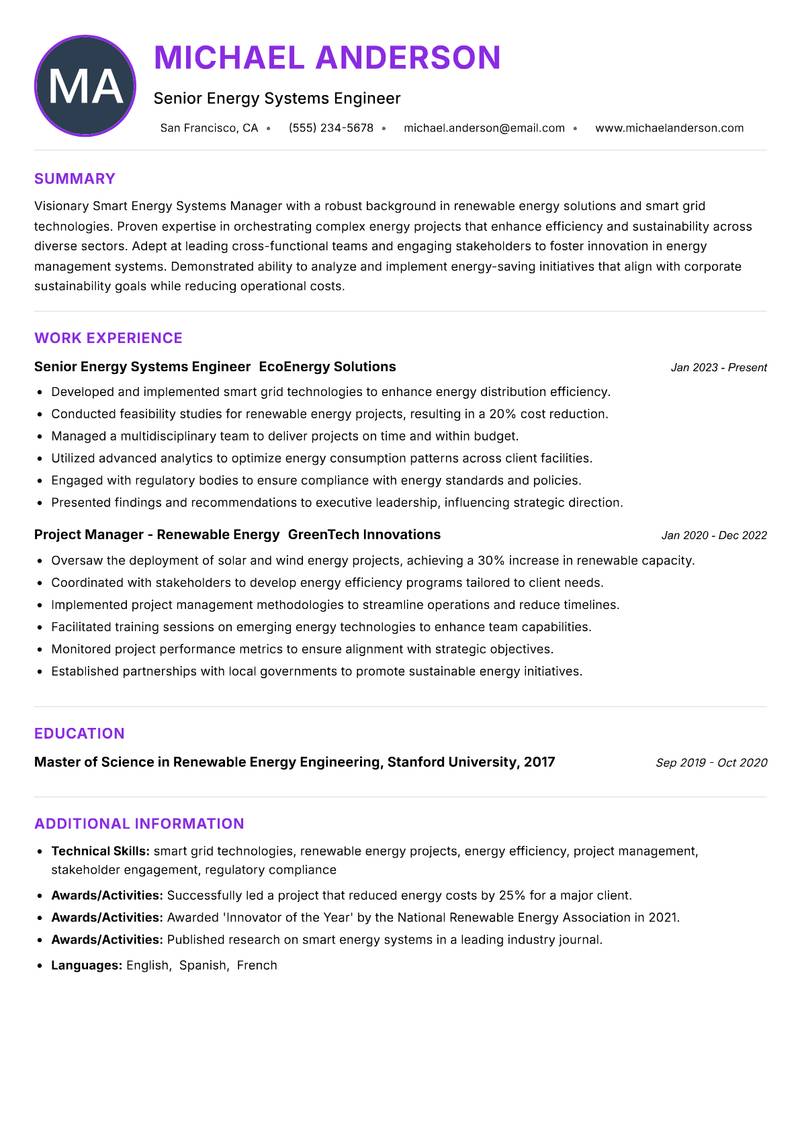 Smart Energy Systems Manager resume example