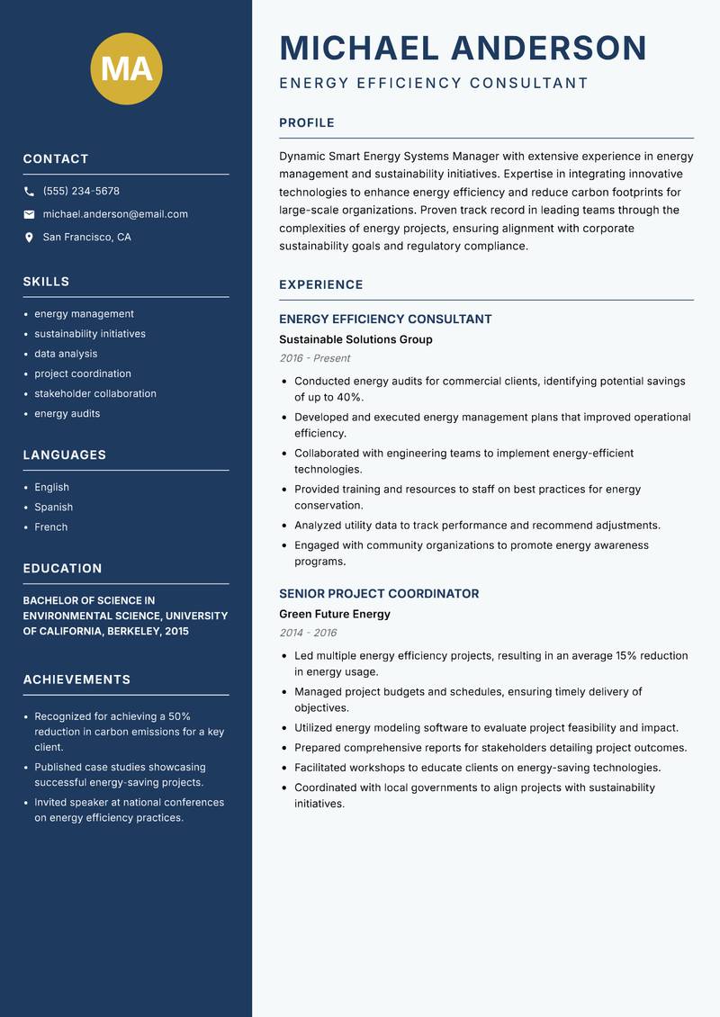 Smart Energy Systems Manager resume sample — Energy Efficiency Consultant focus