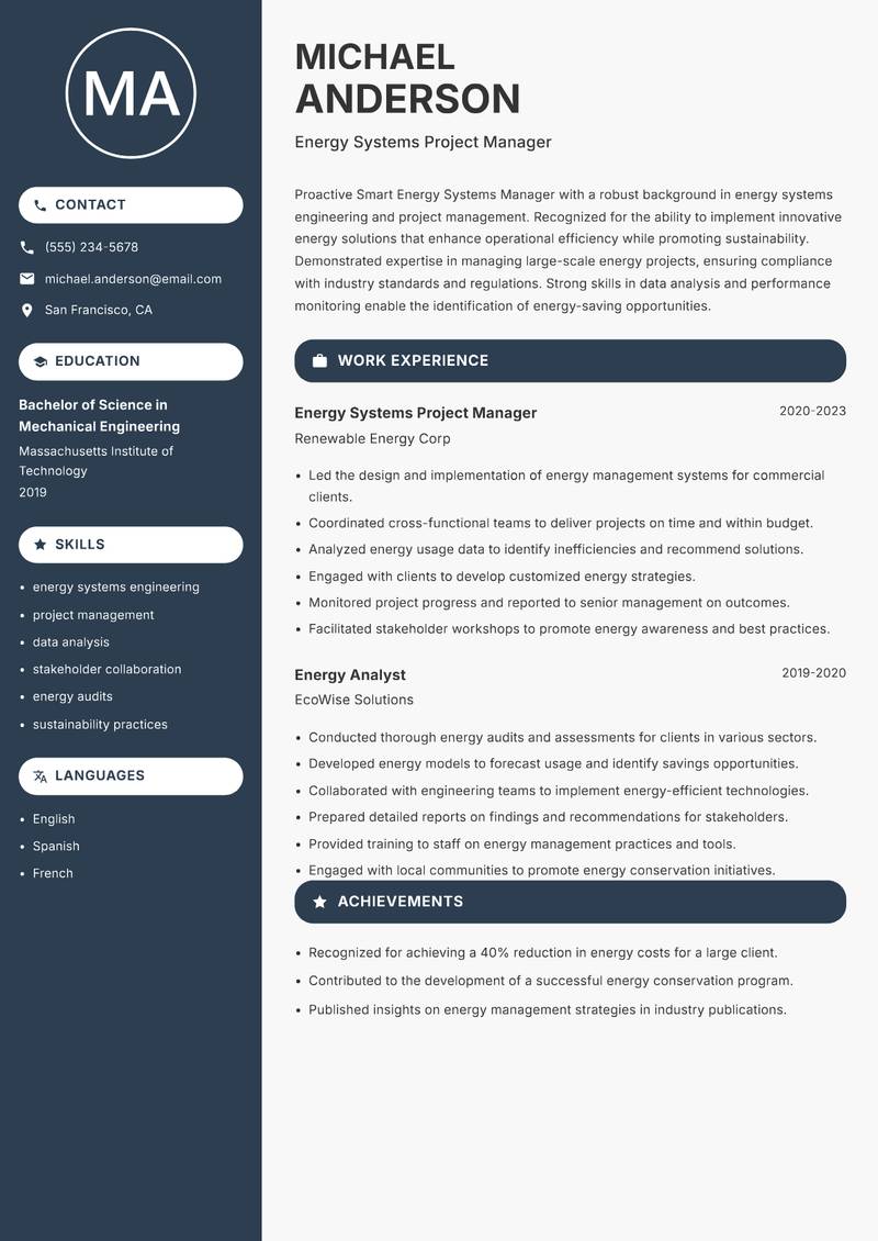 Smart Energy Systems Manager resume sample — Energy Systems Project Manager focus
