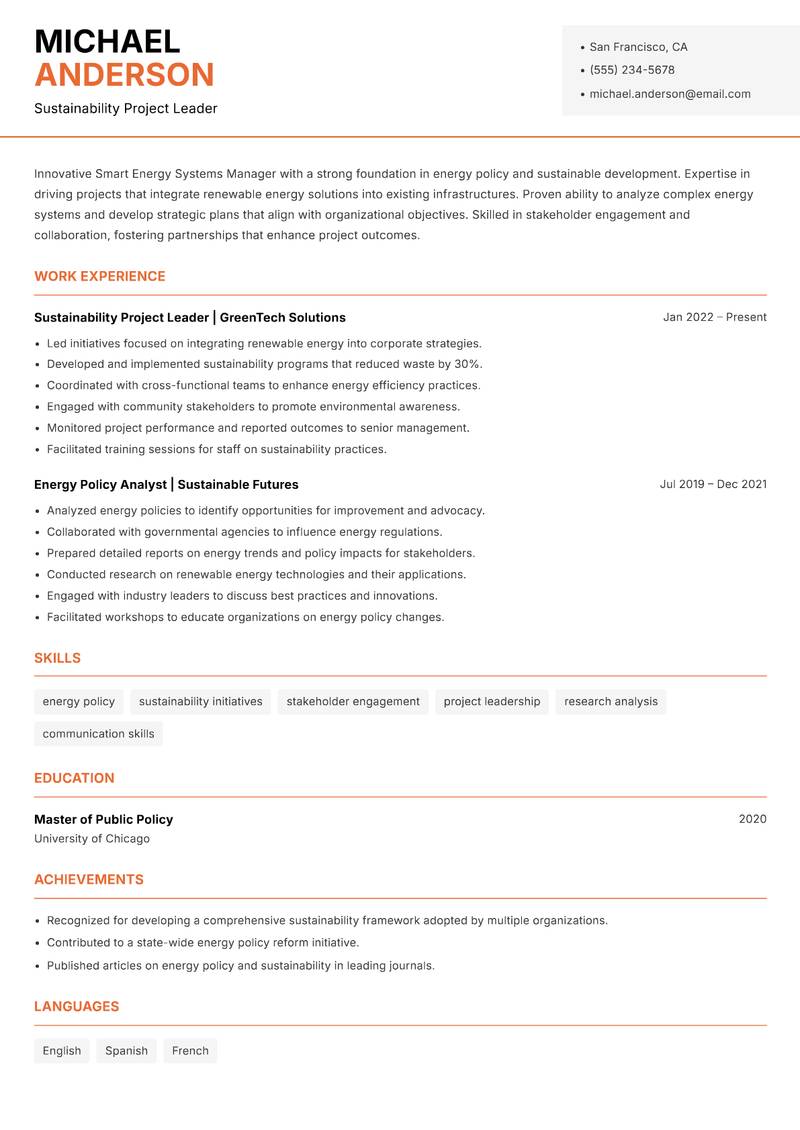 Smart Energy Systems Manager resume sample — Sustainability Project Leader focus