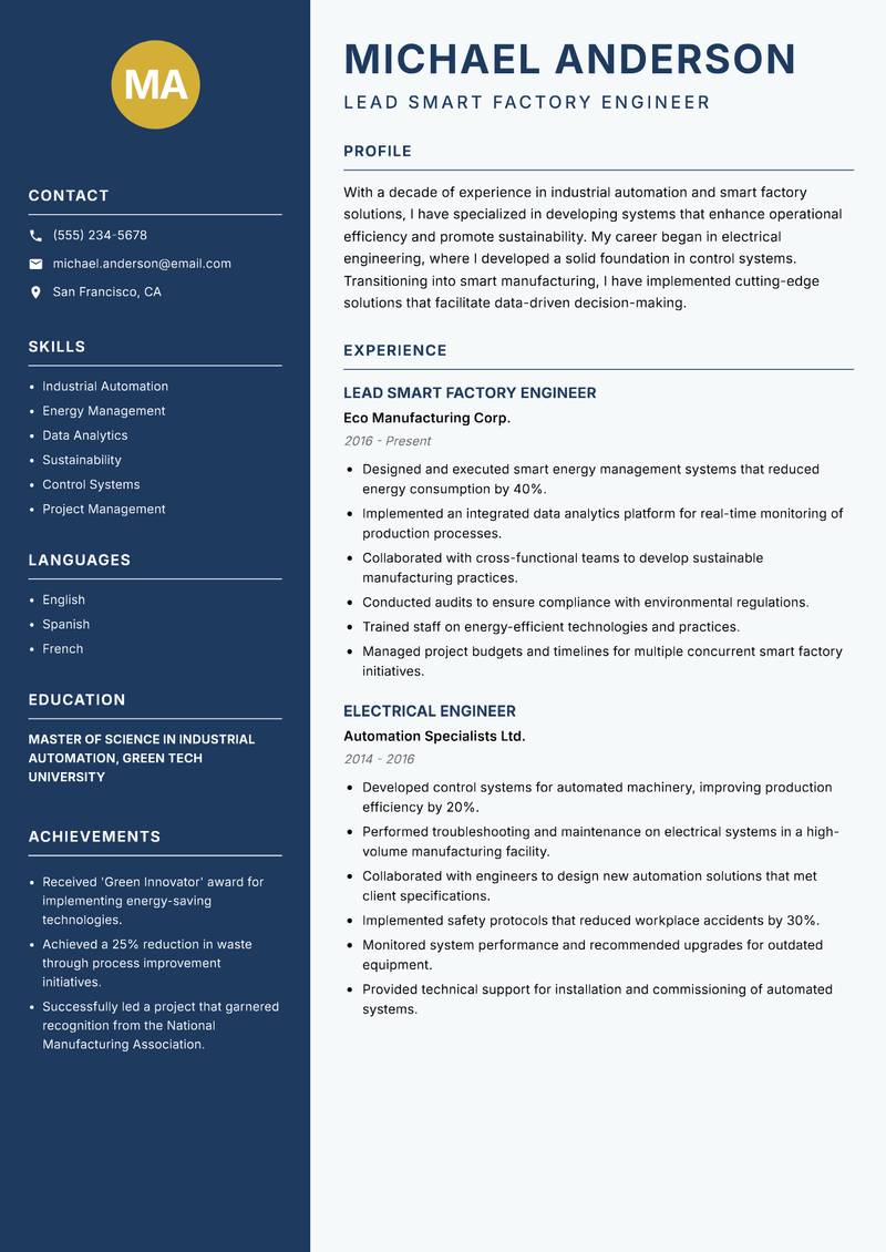 Smart Factory Engineer resume sample — Lead Smart Factory Engineer focus