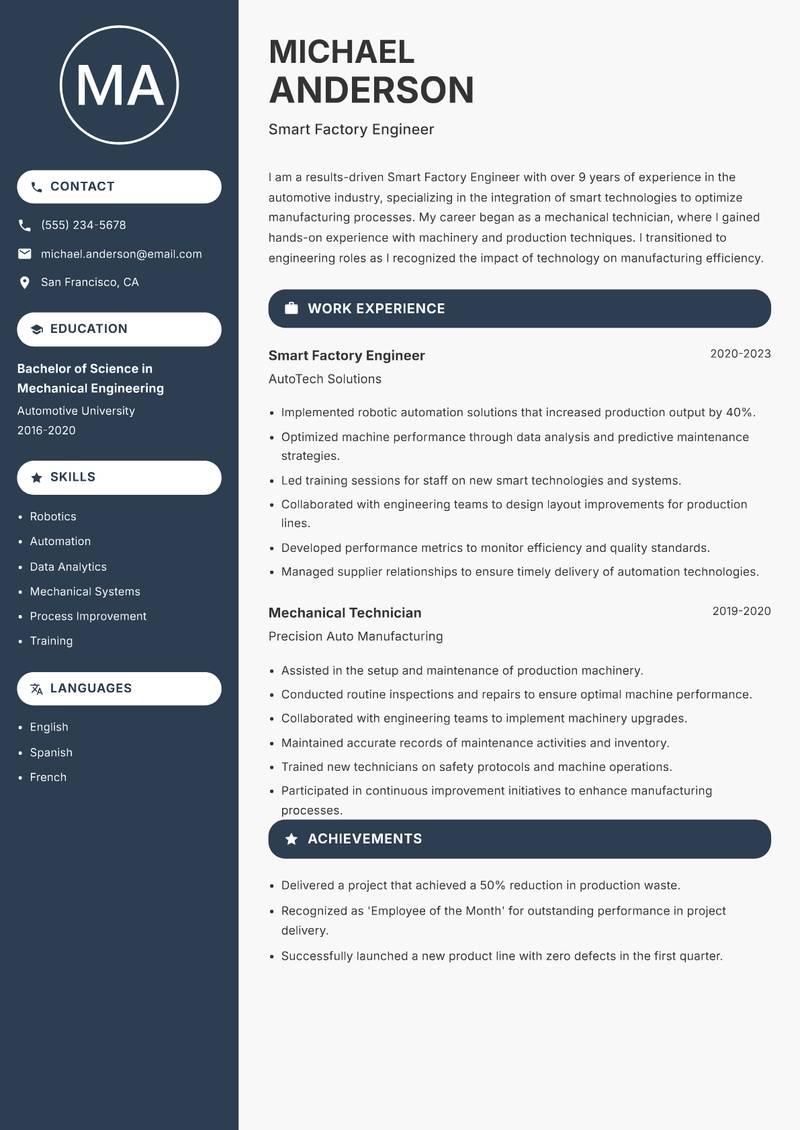 Smart Factory Engineer resume sample — Smart Factory Engineer focus