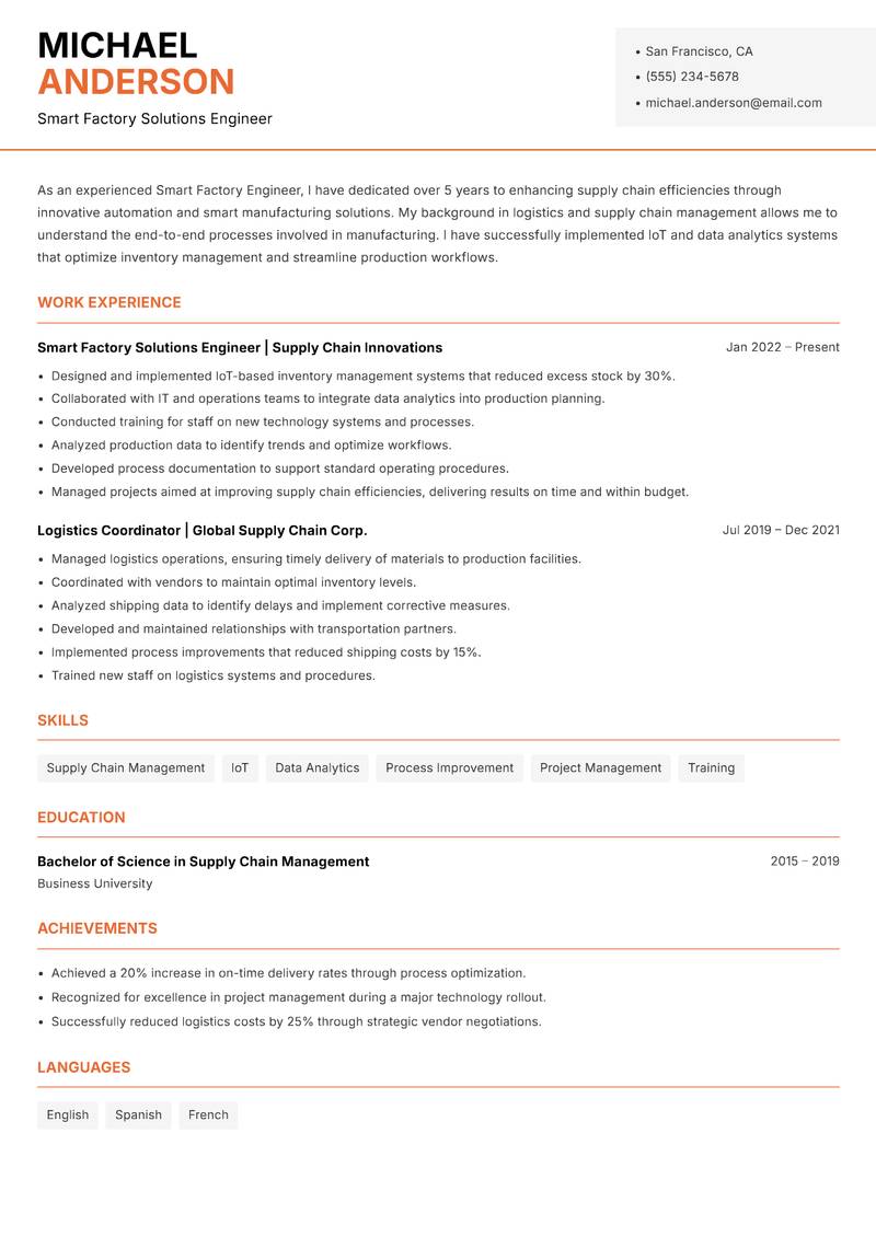 Smart Factory Engineer resume sample — Smart Factory Solutions Engineer focus