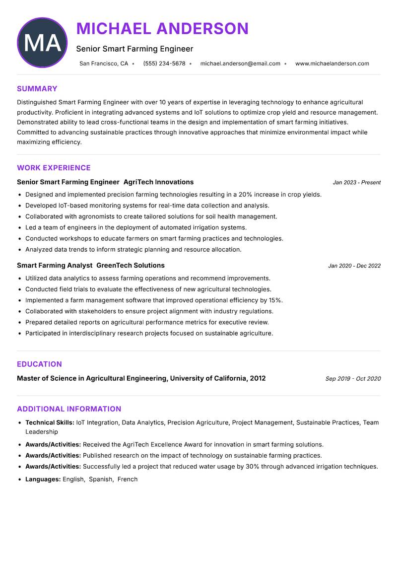 Smart Farming Engineer resume example