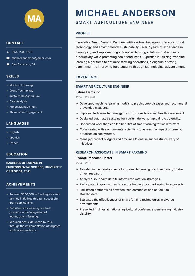 Smart Farming Engineer resume sample — Smart Agriculture Engineer focus