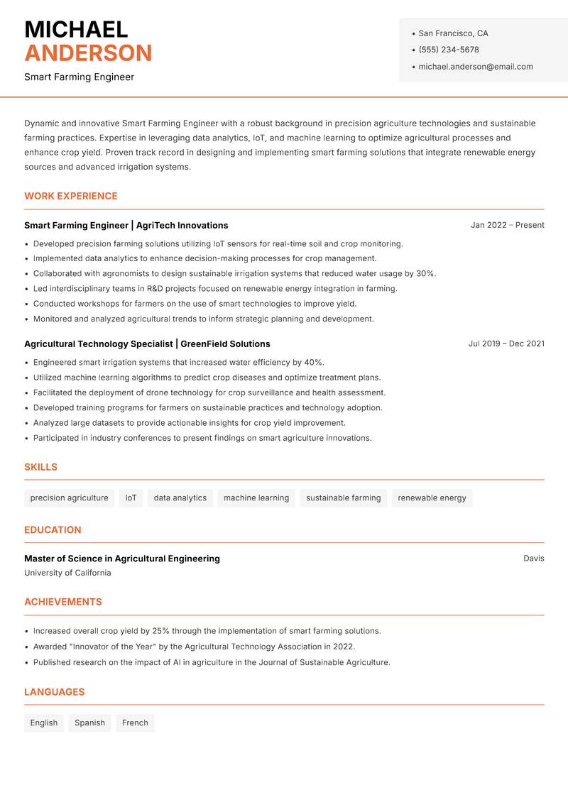 Smart Farming Engineer resume sample — Smart Farming Engineer focus