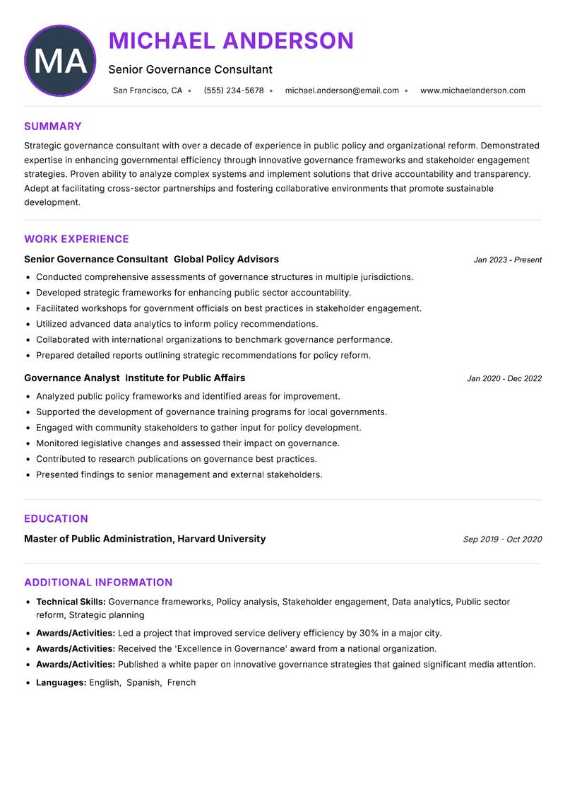 Smart Governance Consultant resume example