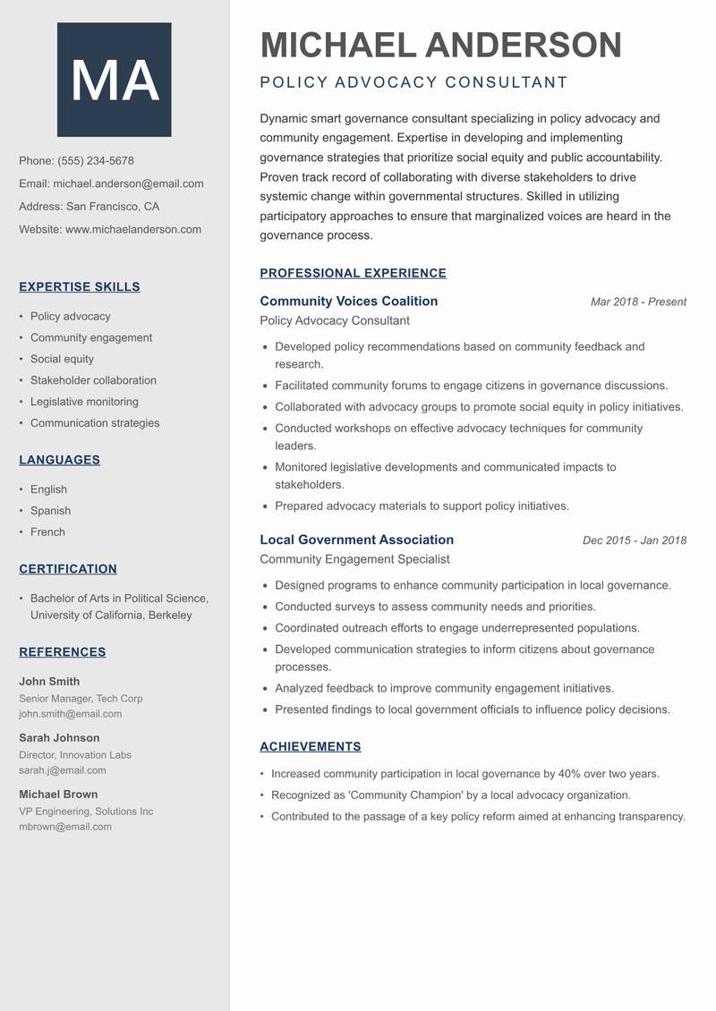 Smart Governance Consultant resume sample — Policy Advocacy Consultant focus