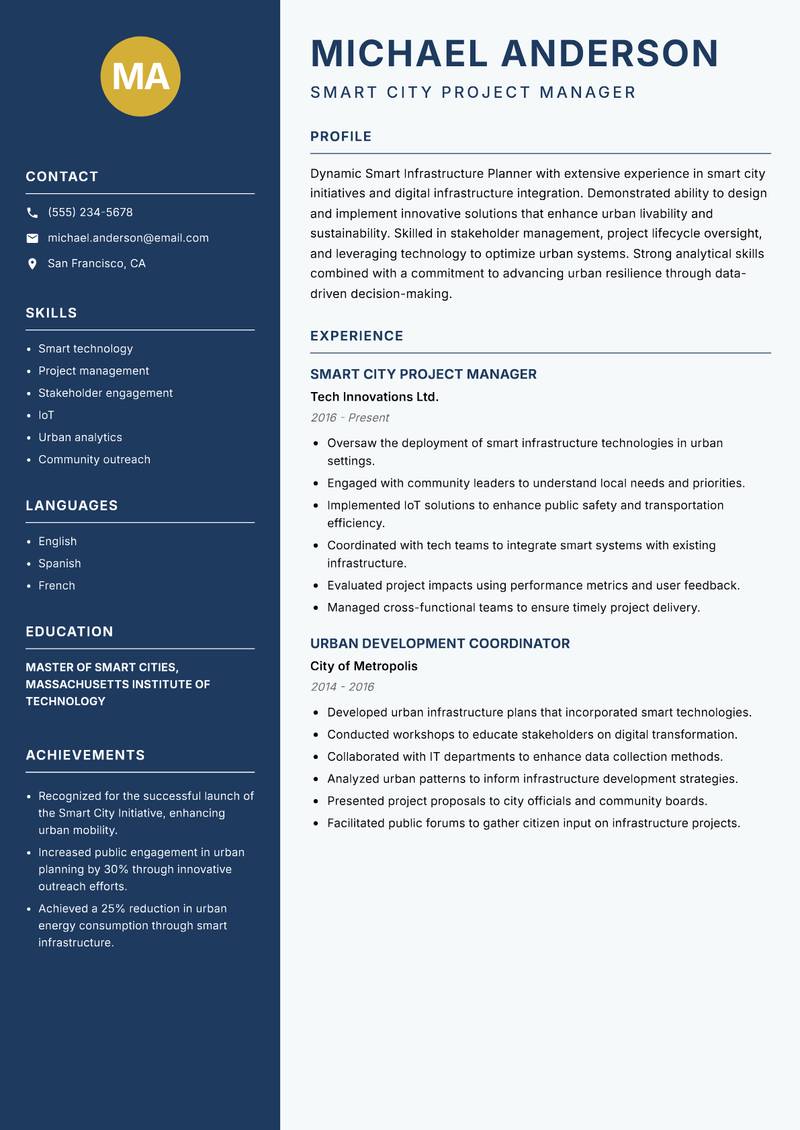 Smart Infrastructure Planner resume sample — Smart City Project Manager focus