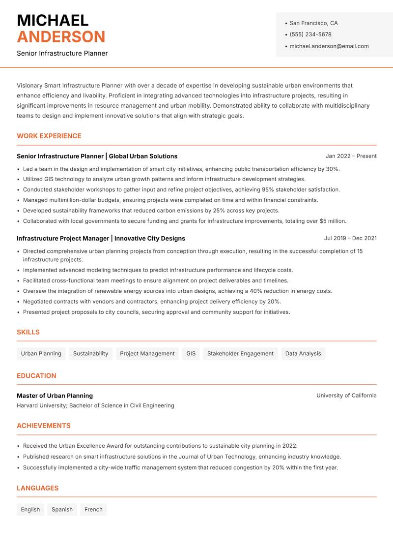 Smart Infrastructure Planner resume sample — Senior Infrastructure Planner focus