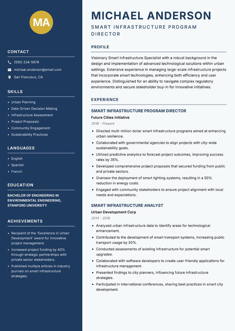 Smart Infrastructure Specialist resume sample — Smart Infrastructure Program Director focus